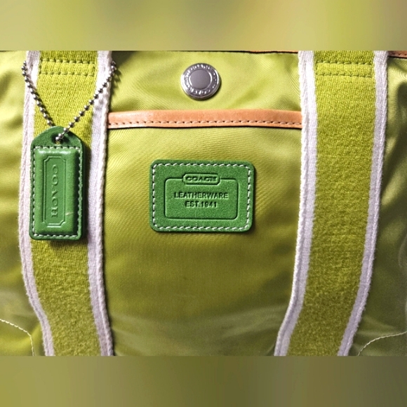 Coach Hamptons Reversible Tote Bag. Lime Green Sateen Nylon, Leather Trim. EUC. - Picture 5 of 9
